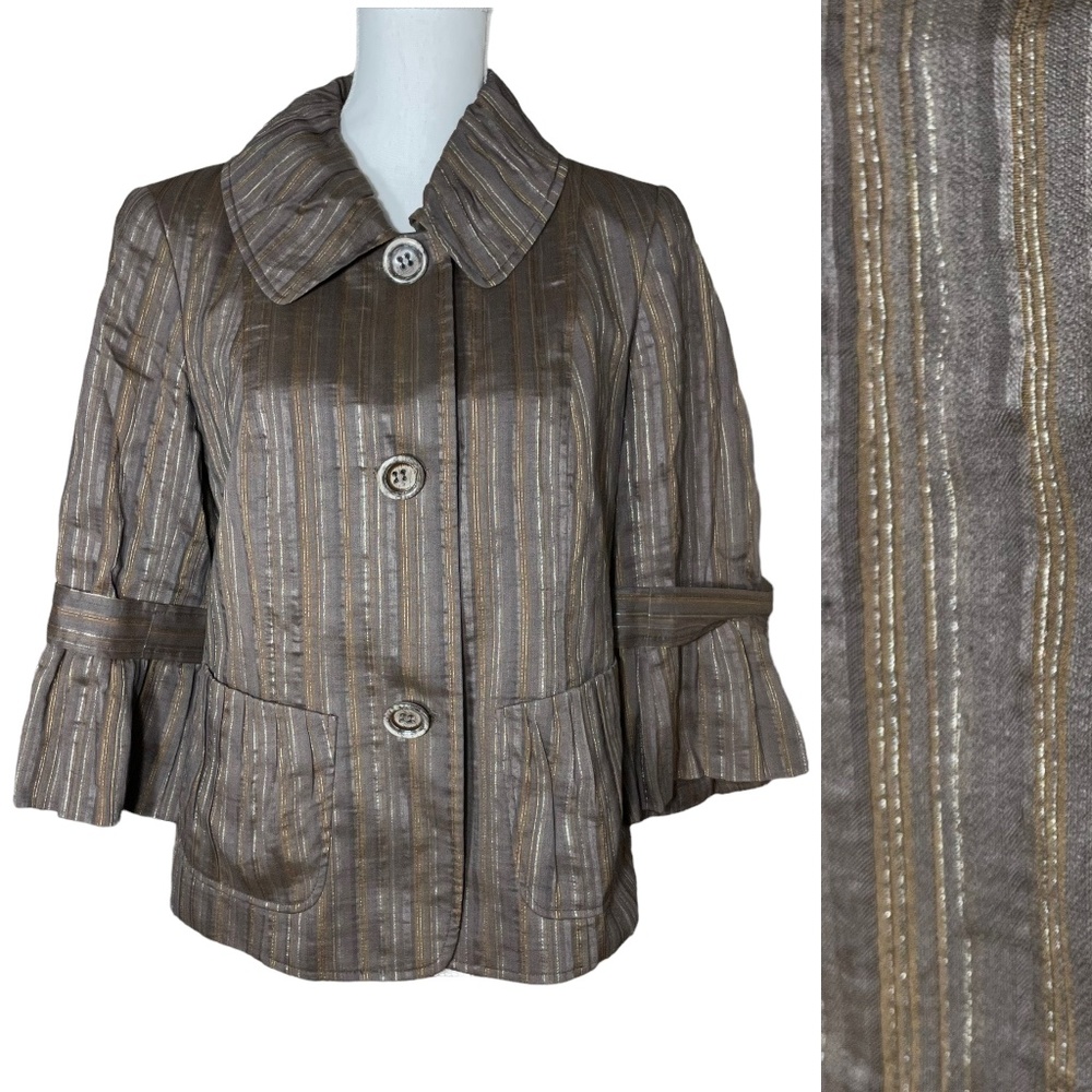 Lafayette 148 Pinstriped Jacket 8 Silk Linen 3/4 Sleeve Ruffled Bell Blazer